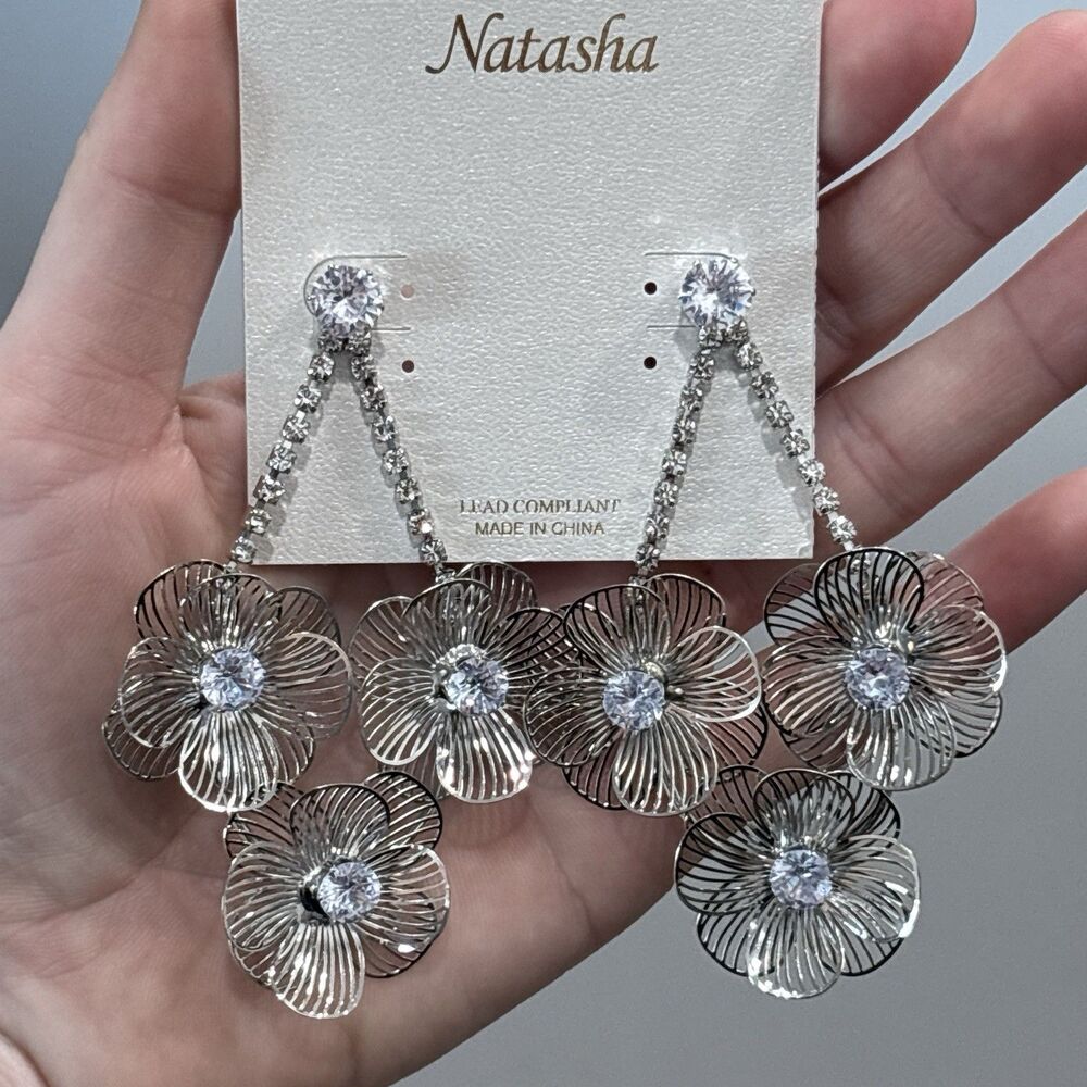 Natasha Silver Tone Wire Floral Rhinestone Statement Earrings NWT - Picture 5 of 9